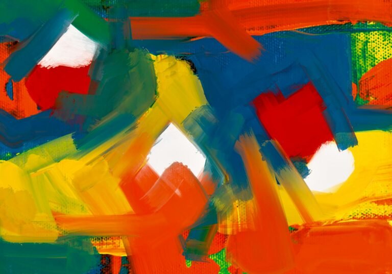 Dynamic abstract painting with bold strokes of red, blue, yellow, and green creating a vibrant canvas.